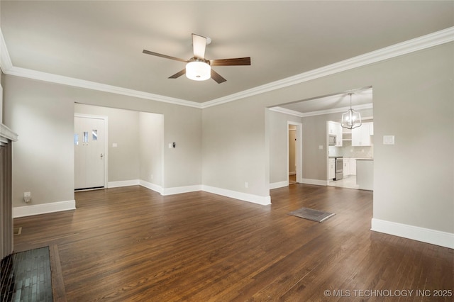 1212 S Knoxville Ave, Tulsa, OK 74112 - unfurnished living room featuring crown molding, dark wood-style flooring, baseboards, and ceiling fan with notable chandelier