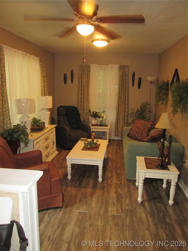 living area featuring wood finished floors and a ceiling fan