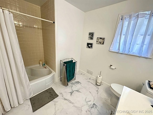 bathroom featuring shower / bath combo, toilet, marble finish floor, baseboards, and visible vents
