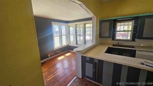 kitchen featuring a wealth of natural light, wood finished floors, white dishwasher, and a sink