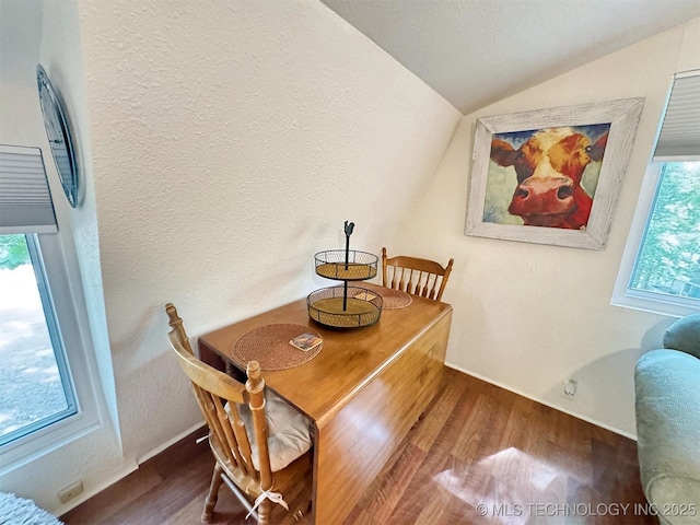 dining area featuring a wealth of natural light, vaulted ceiling, wood finished floors, and baseboards