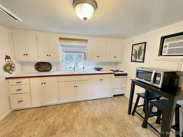 kitchen with baseboards, stainless steel microwave, electric range, and a sink