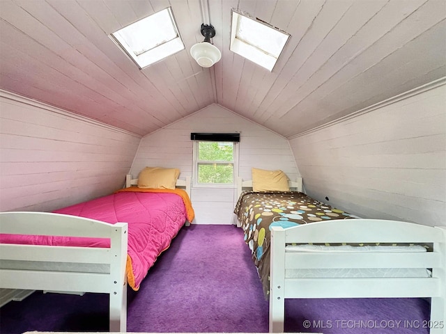 carpeted bedroom featuring wooden walls, vaulted ceiling, and wooden ceiling