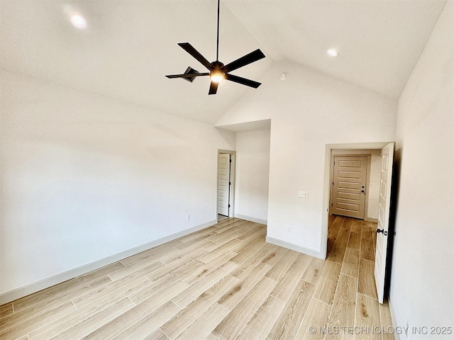 unfurnished bedroom featuring baseboards, ceiling fan, high vaulted ceiling, recessed lighting, and light wood finished floors