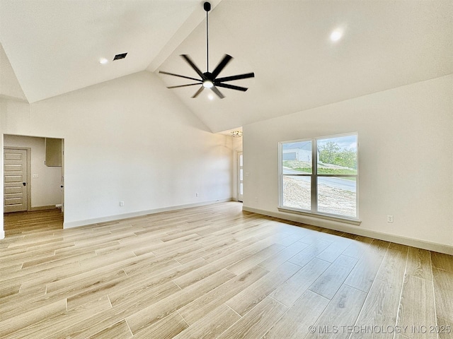 unfurnished living room with baseboards, a ceiling fan, light wood finished floors, and high vaulted ceiling