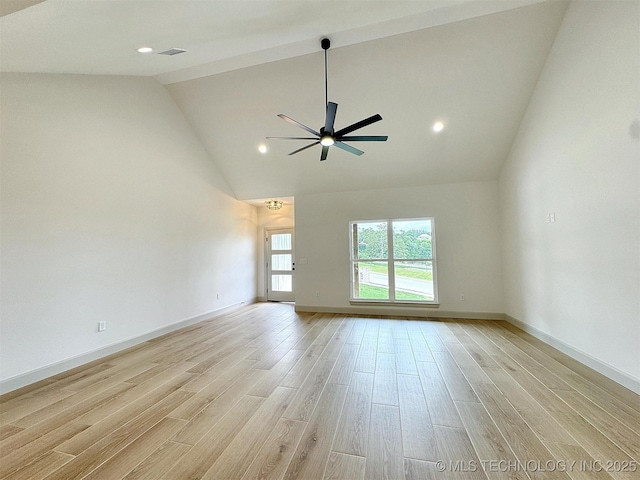 566 Woodlands Dr, Tahlequah, OK 74464 - unfurnished room with ceiling fan, light wood finished floors, high vaulted ceiling, recessed lighting, and baseboards