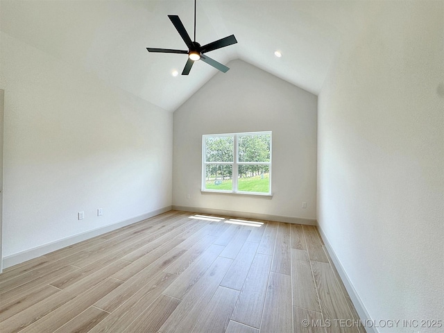 566 Woodlands Dr, Tahlequah, OK 74464 - spare room with wood finished floors, a ceiling fan, vaulted ceiling, recessed lighting, and baseboards