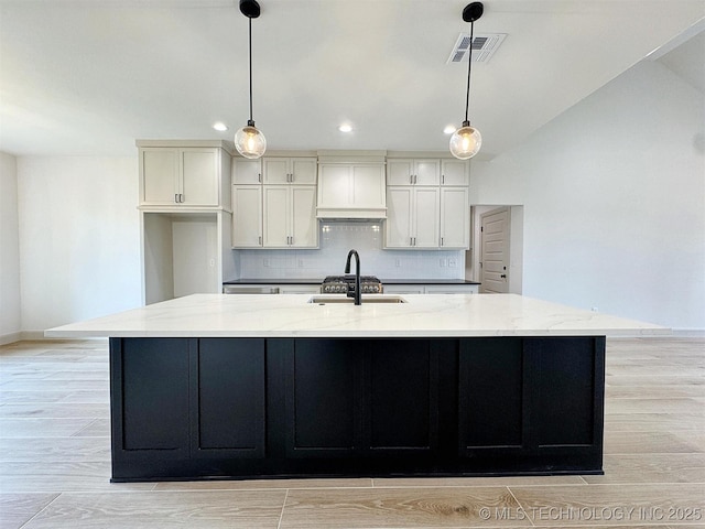 566 Woodlands Dr, Tahlequah, OK 74464 - kitchen with a sink, backsplash, a large island, custom range hood, and recessed lighting