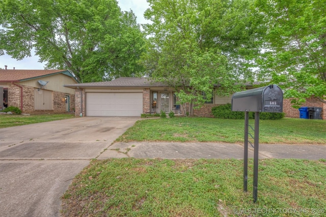 ranch-style home with brick siding, a front lawn, concrete driveway, and an attached garage
