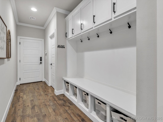 13651 S 26th St, Jenks, OK 74008 - mudroom with ornamental molding, dark wood finished floors, baseboards, and recessed lighting