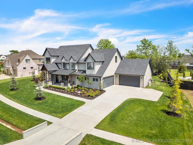 13651 S 26th St, Jenks, OK 74008 - view of front of house with a standing seam roof, stucco siding, a garage, a residential view, and concrete driveway