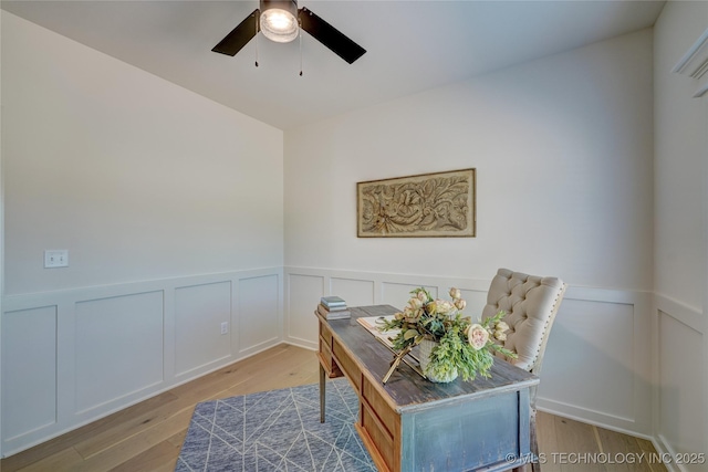 1500 N 72nd St, Broken Arrow, OK 74014 - home office featuring wood finished floors, ceiling fan, a wainscoted wall, and a decorative wall
