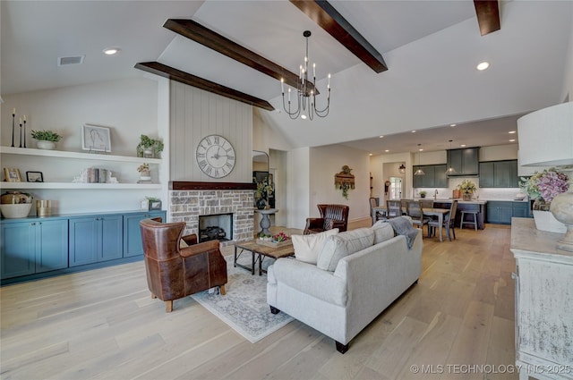 1500 N 72nd St, Broken Arrow, OK 74014 - living room featuring light wood finished floors, beam ceiling, a fireplace, a notable chandelier, and high vaulted ceiling