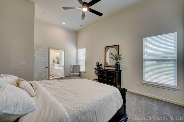 1500 N 72nd St, Broken Arrow, OK 74014 - bedroom featuring crown molding, dark colored carpet, ensuite bathroom, baseboards, and a high ceiling