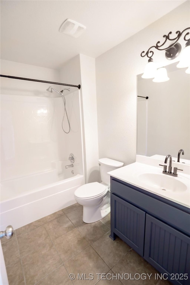 bathroom with vanity, toilet, tile patterned floors, shower / washtub combination, and visible vents