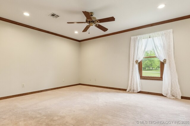 5601 S 9th E, Muskogee, OK 74403 - empty room with visible vents, ceiling fan, recessed lighting, ornamental molding, and light carpet