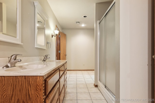 5601 S 9th E, Muskogee, OK 74403 - bathroom featuring visible vents, a stall shower, tile patterned flooring, and a sink