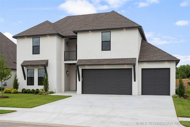 view of front of home featuring stucco siding, a front yard, concrete driveway, and roof with shingles