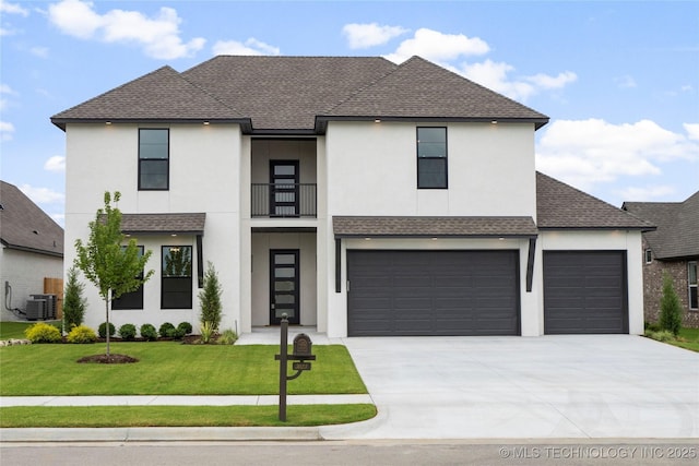 view of front facade featuring driveway, a balcony, roof with shingles, stucco siding, and a front lawn