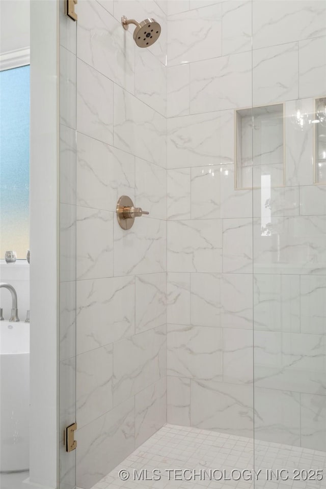 full bath with a bath and a stall shower