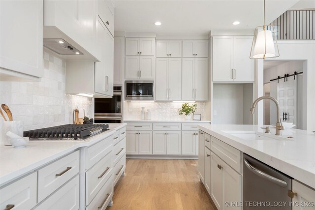 kitchen featuring a barn door, stainless steel appliances, white cabinetry, and a sink