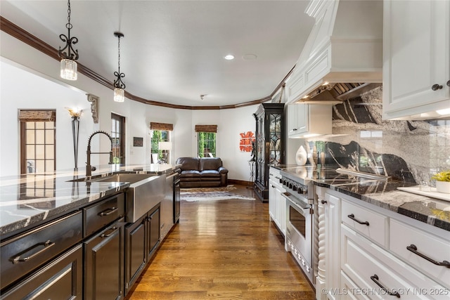 kitchen featuring crown molding, white cabinetry, appliances with stainless steel finishes, and premium range hood