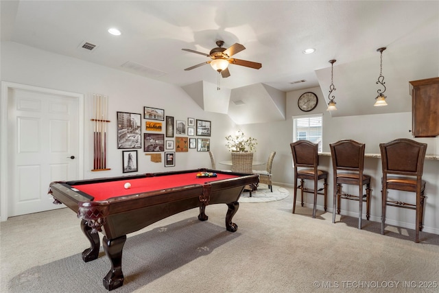 rec room with carpet floors, ceiling fan, visible vents, and billiards