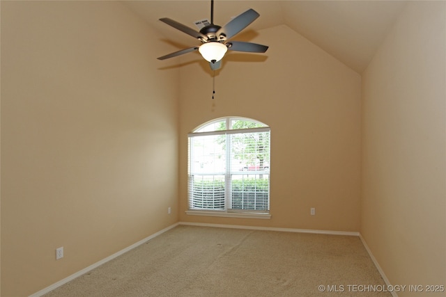 unfurnished room with a ceiling fan, vaulted ceiling, light colored carpet, and baseboards