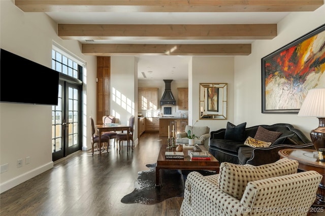 living room with french doors, baseboards, dark wood finished floors, and beam ceiling