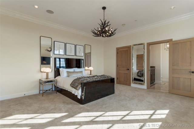 bedroom featuring baseboards, a notable chandelier, ornamental molding, and carpet