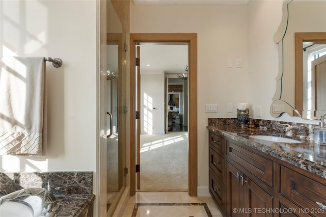 full bath featuring a bathtub, tile patterned flooring, a shower stall, vanity, and ornamental molding