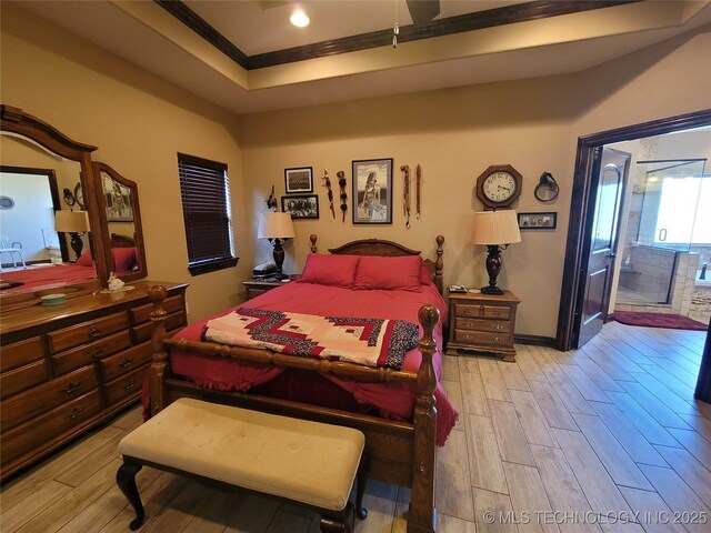2267 Krebs Lk, Mcalester, OK 74501 - bedroom featuring light wood-type flooring, baseboards, access to exterior, and a raised ceiling