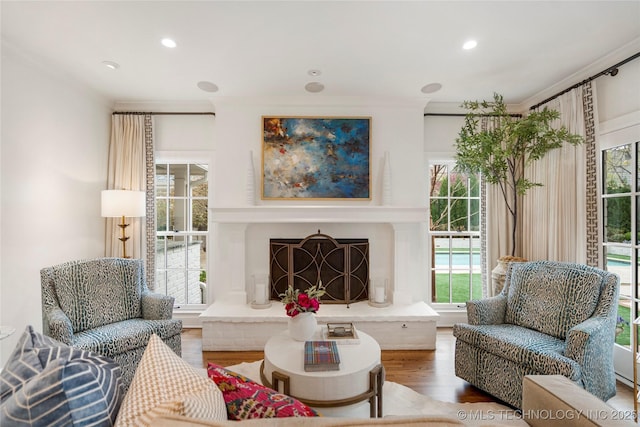 living area with ornamental molding, a premium fireplace, wood finished floors, and a wealth of natural light