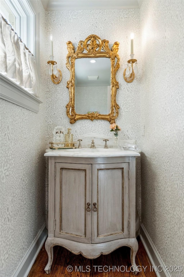 bathroom featuring vanity, baseboards, and wood finished floors