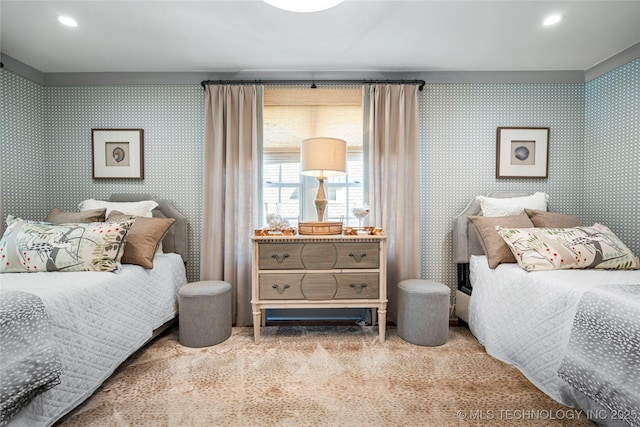 bedroom featuring recessed lighting and wallpapered walls