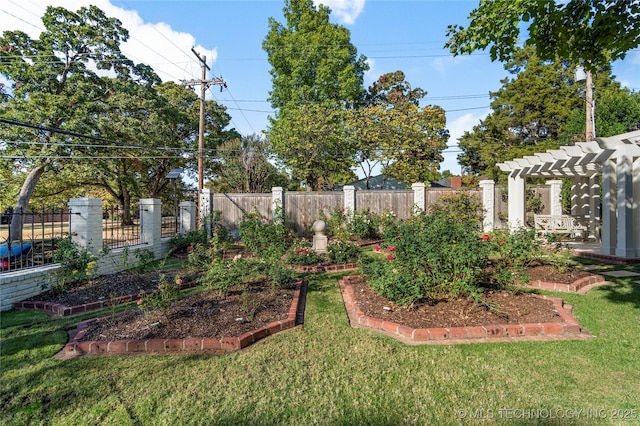 view of yard featuring a pergola and fence private yard