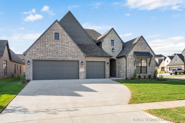 french country inspired facade with a front yard, roof with shingles, brick siding, concrete driveway, and an attached garage