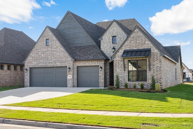 view of front of house featuring brick siding, driveway, a front yard, and roof with shingles