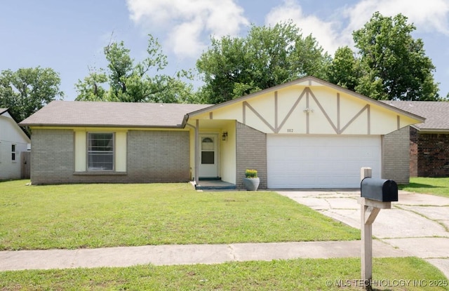 1112 N Hickory Ct, Broken Arrow, OK 74012 - view of front of house with brick siding, concrete driveway, a garage, and a front yard
