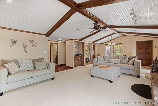 carpeted living room featuring wood ceiling, vaulted ceiling with beams, and ceiling fan with notable chandelier