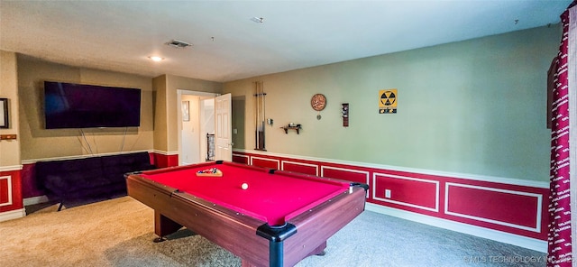 recreation room with carpet floors, wainscoting, pool table, and visible vents