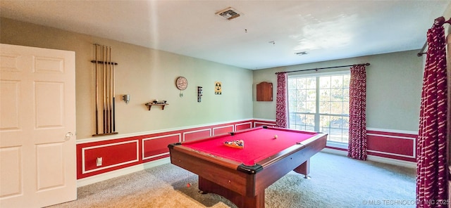 game room with billiards, carpet, wainscoting, and visible vents