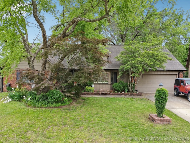 view of property hidden behind natural elements featuring a shingled roof, an attached garage, driveway, and a front yard