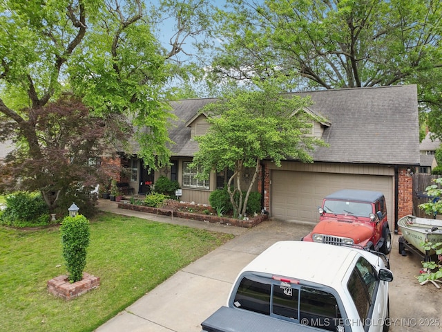 view of front of property featuring brick siding, a front yard, an attached garage, and roof with shingles