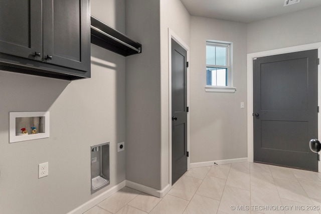 washroom with visible vents, baseboards, hookup for an electric dryer, cabinet space, and washer hookup