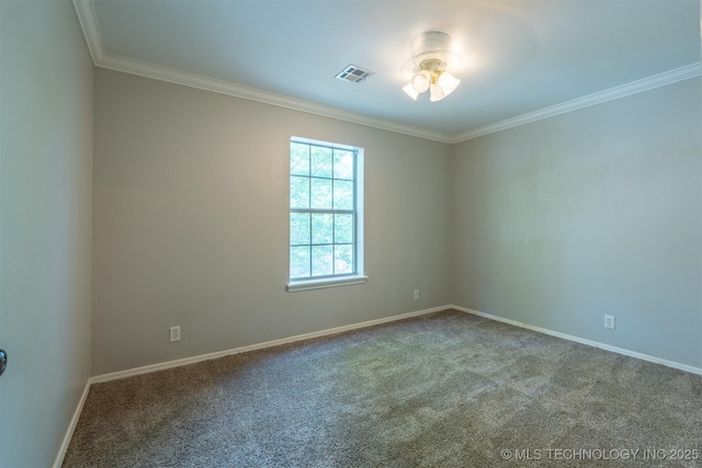 carpeted empty room with crown molding, a ceiling fan, and baseboards