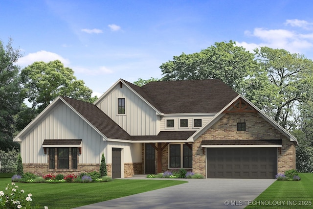 view of front of property with board and batten siding, concrete driveway, a front lawn, and brick siding