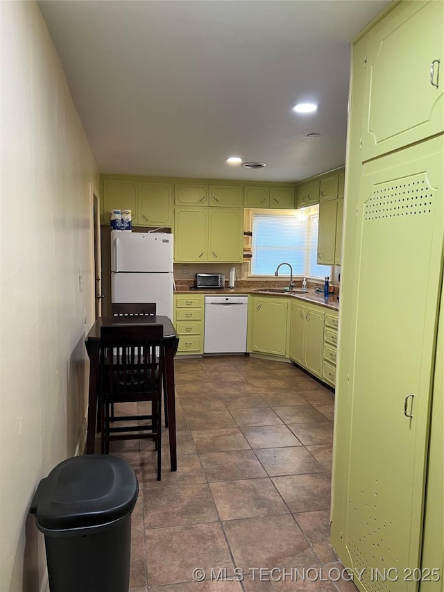 1029 N Kenwood Ave, Broken Arrow, OK 74012 - kitchen with white appliances, recessed lighting, green cabinetry, and a sink