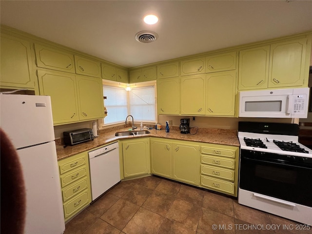 1029 N Kenwood Ave, Broken Arrow, OK 74012 - kitchen featuring visible vents, a sink, green cabinets, white appliances, and cream cabinetry
