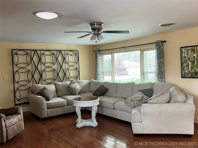1029 N Kenwood Ave, Broken Arrow, OK 74012 - living room featuring visible vents, dark wood-style flooring, and ceiling fan